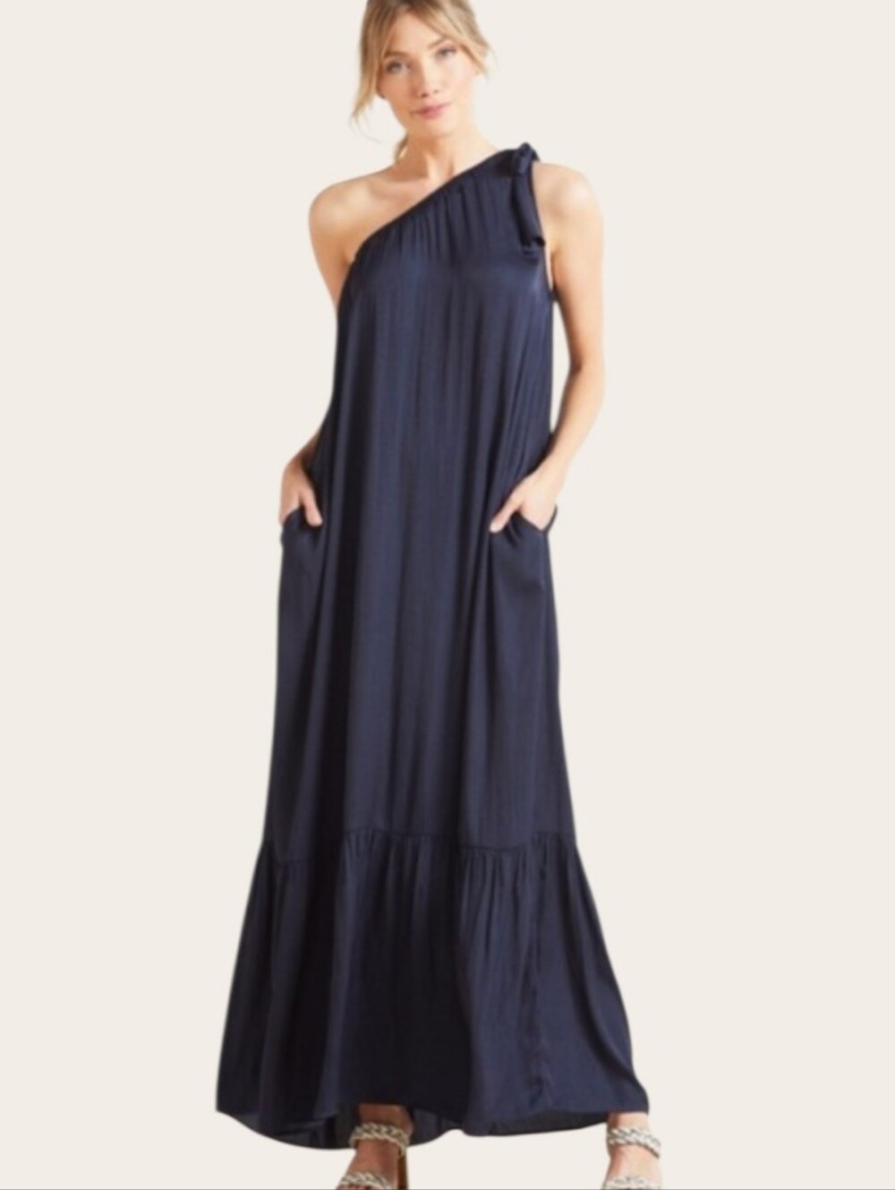 EVEREVE Hadley One Shoulder Tiered Tie Detail Maxi Dress Navy Blue Small